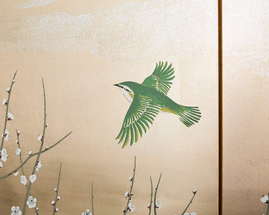 Japanese Showa Four Panel Screen Prunus with Songbirds