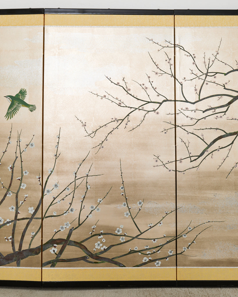 Japanese Showa Four Panel Screen Prunus with Songbirds