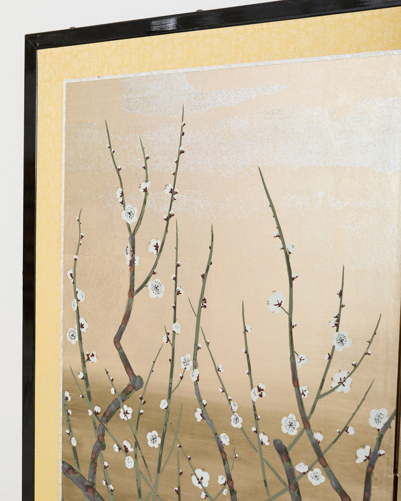 Japanese Showa Four Panel Screen Prunus with Songbirds