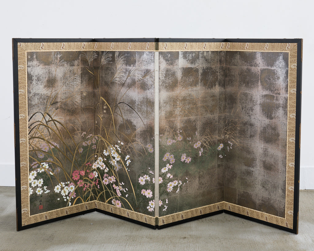 Japanese Showa Four Panel Screen Autumn Flowers and Grasses