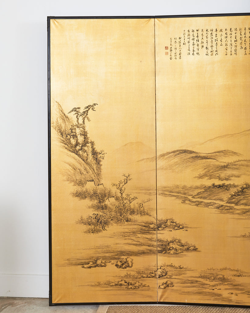 Japanese Style Showa Six Panel Screen Chinese Gilt Mountain Landscape