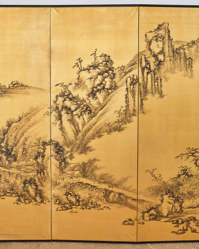 Japanese Style Showa Six Panel Screen Chinese Gilt Mountain Landscape