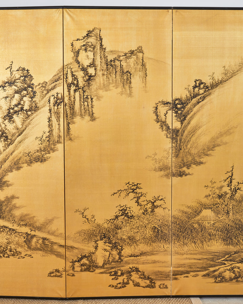 Japanese Style Showa Six Panel Screen Chinese Gilt Mountain Landscape