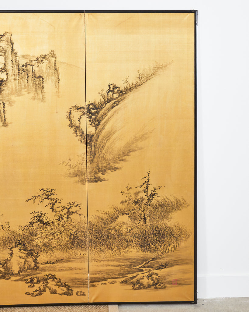 Japanese Style Showa Six Panel Screen Chinese Gilt Mountain Landscape