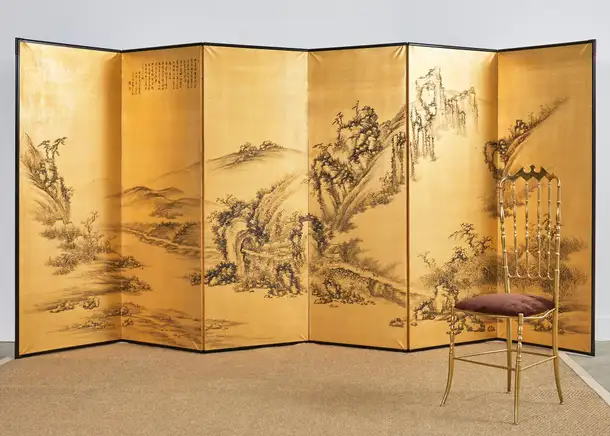 Japanese Style Showa Six Panel Screen Chinese Gilt Mountain Landscape