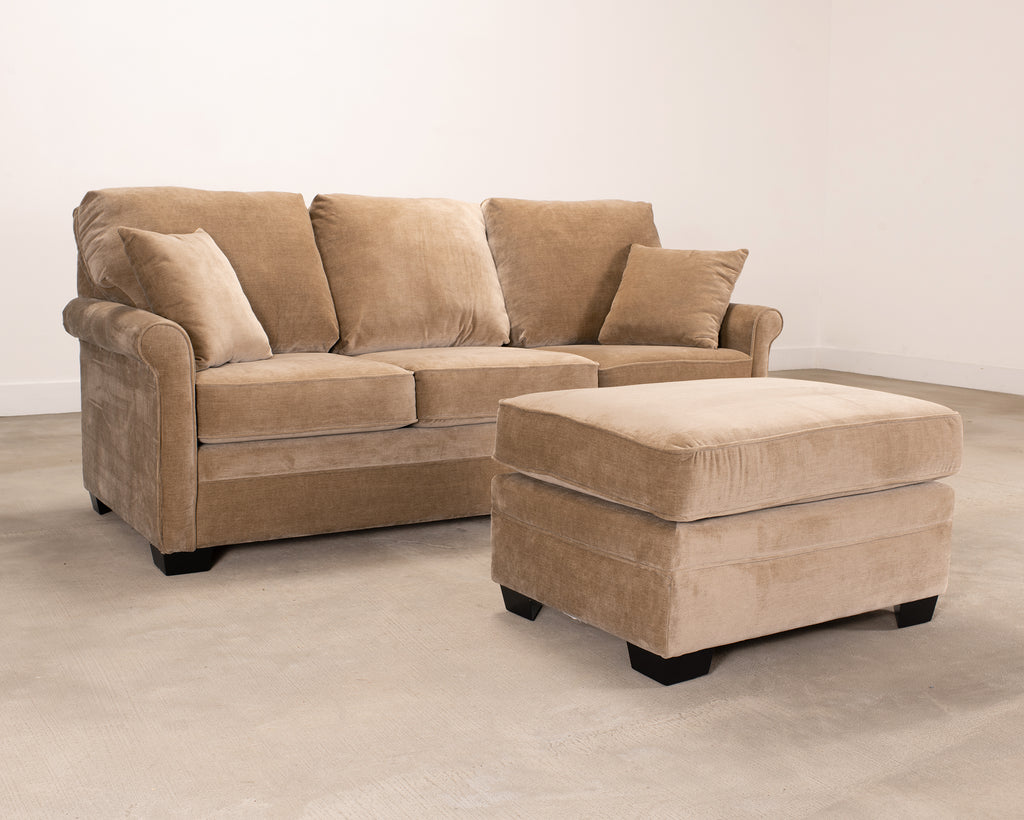 Three Seat Rolled-Arm Sofa and Ottoman in Camel Velvet US Made
