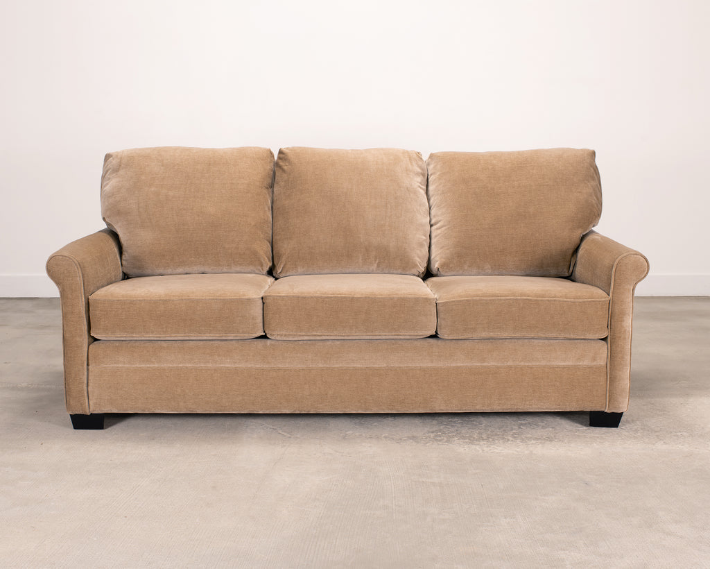 Three Seat Rolled-Arm Sofa and Ottoman in Camel Velvet US Made