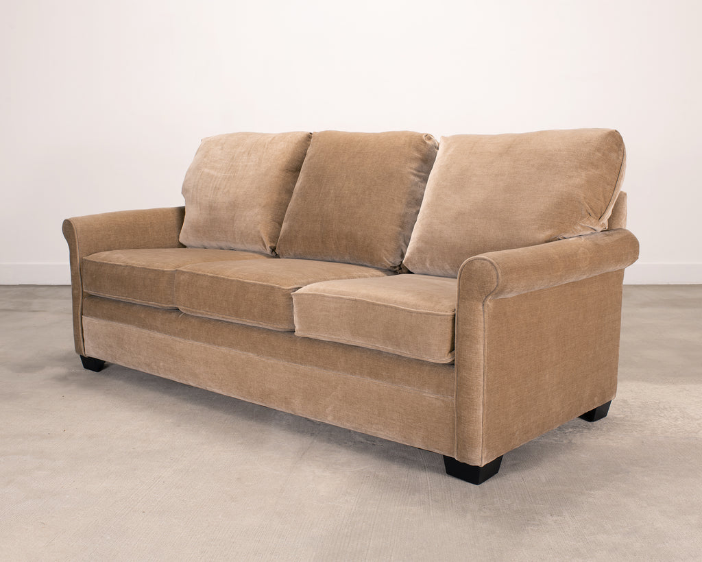 Three Seat Rolled-Arm Sofa and Ottoman in Camel Velvet US Made