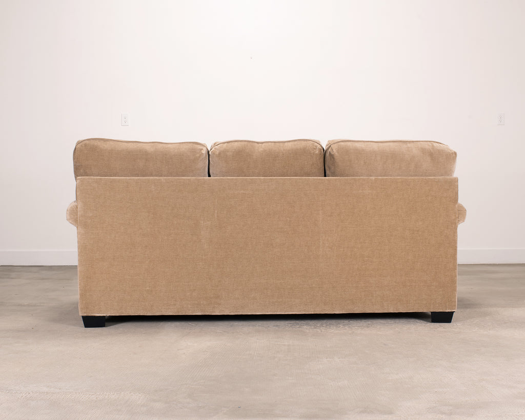 Three Seat Rolled-Arm Sofa and Ottoman in Camel Velvet US Made