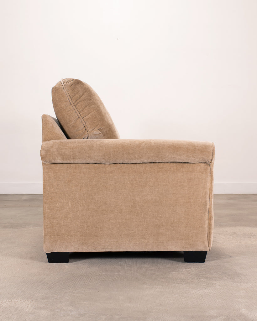 Three Seat Rolled-Arm Sofa and Ottoman in Camel Velvet US Made