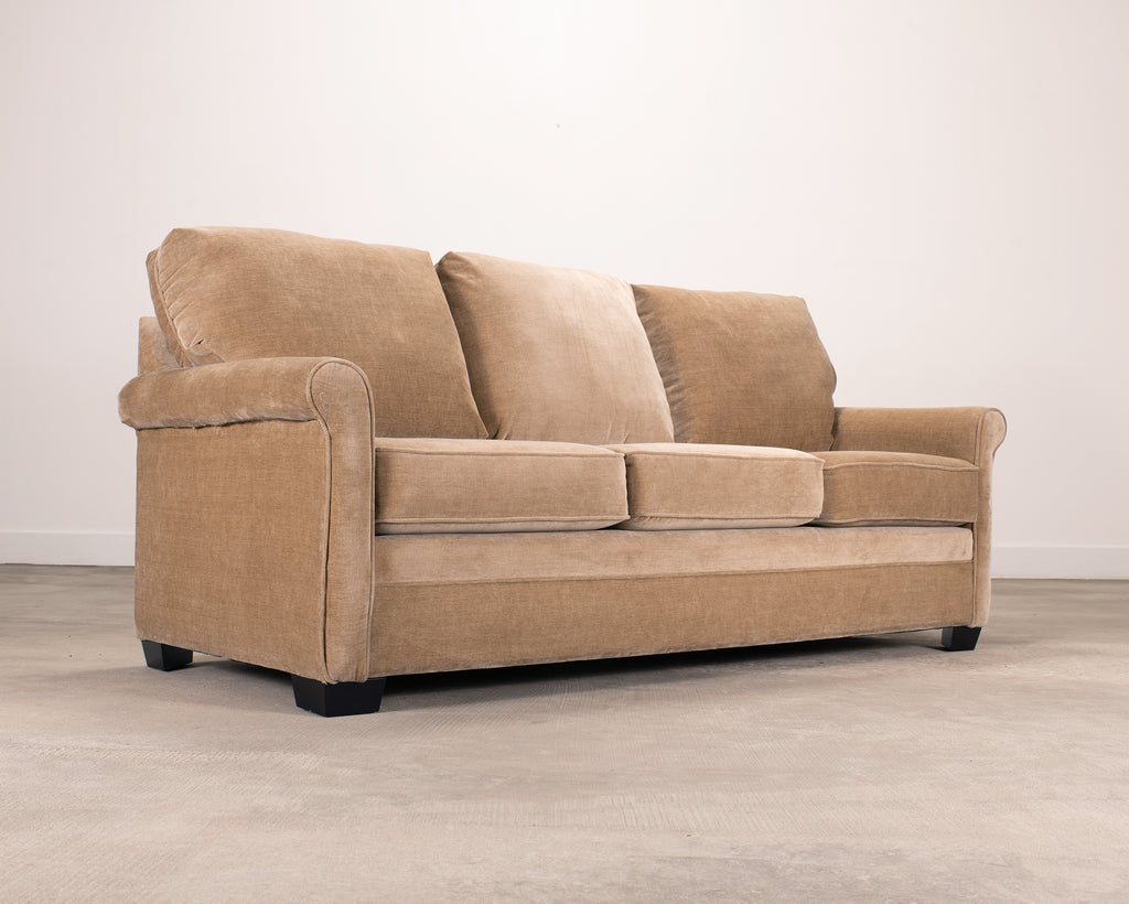 Three Seat Rolled-Arm Sofa and Ottoman in Camel Velvet US Made