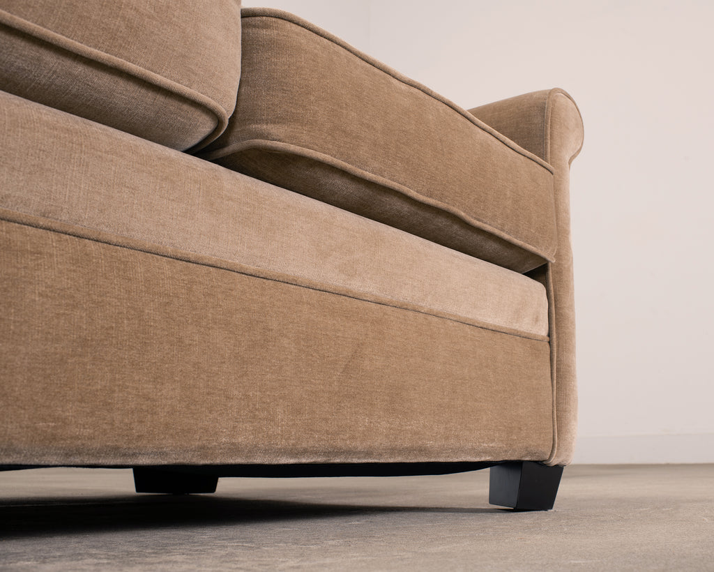 Three Seat Rolled-Arm Sofa and Ottoman in Camel Velvet US Made
