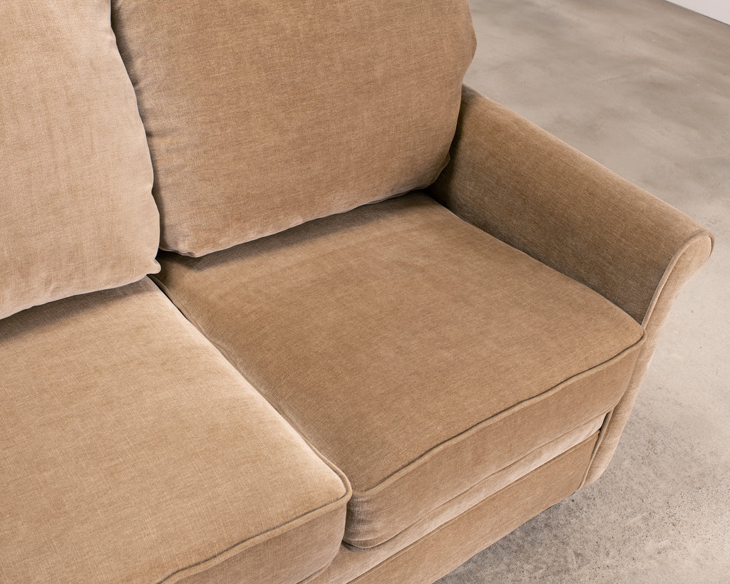 Three Seat Rolled-Arm Sofa and Ottoman in Camel Velvet US Made