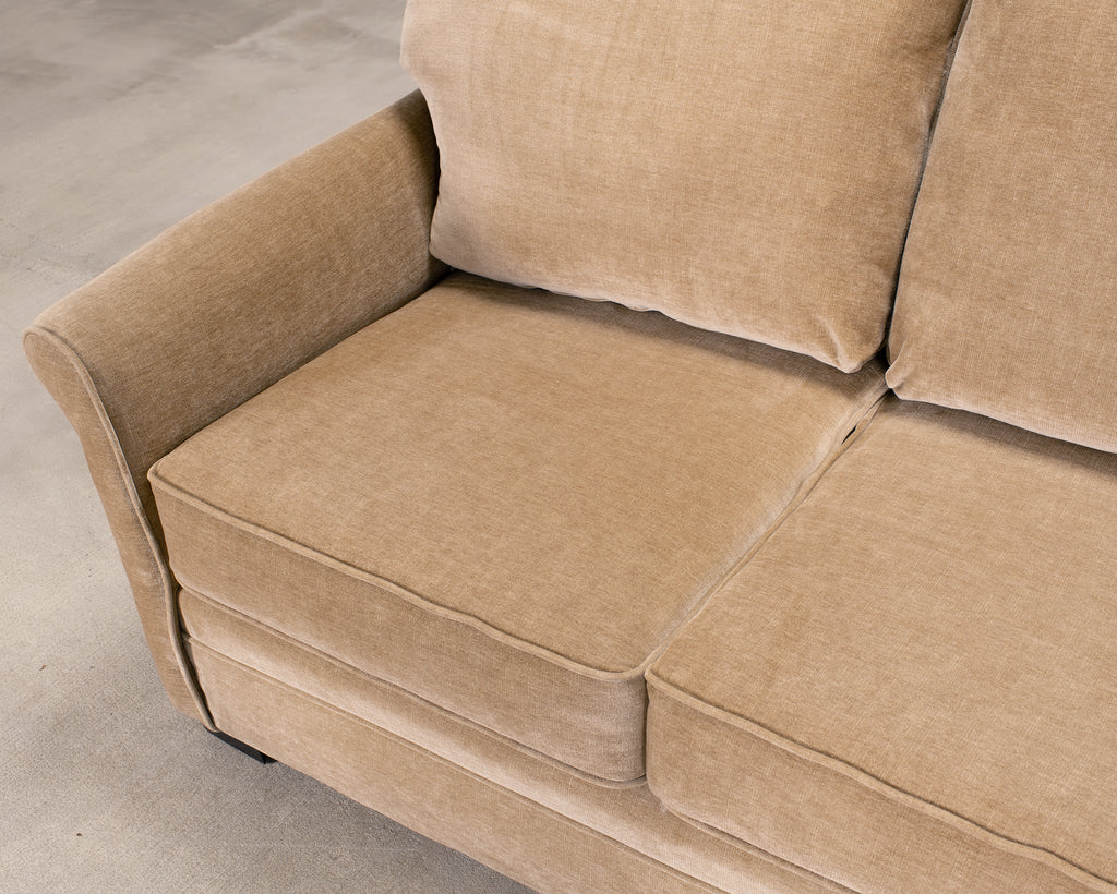 Three Seat Rolled-Arm Sofa and Ottoman in Camel Velvet US Made