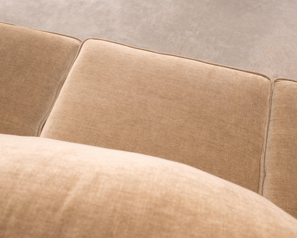 Three Seat Rolled-Arm Sofa and Ottoman in Camel Velvet US Made