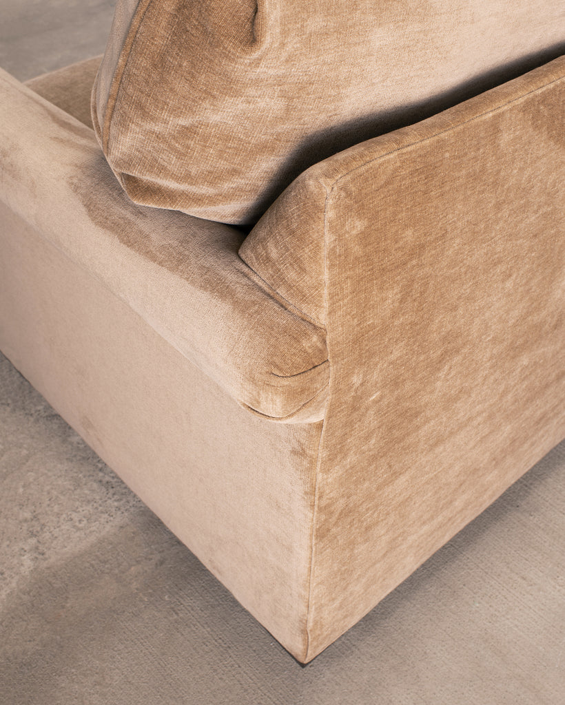 Three Seat Rolled-Arm Sofa and Ottoman in Camel Velvet US Made