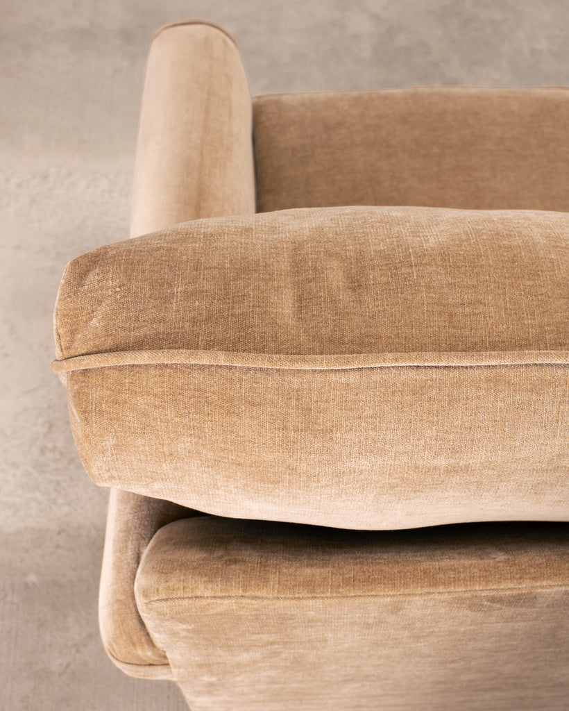 Three Seat Rolled-Arm Sofa and Ottoman in Camel Velvet US Made
