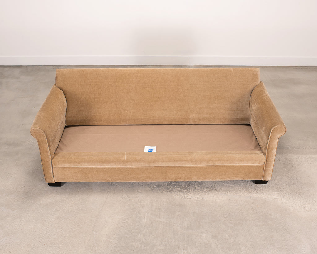 Three Seat Rolled-Arm Sofa and Ottoman in Camel Velvet US Made