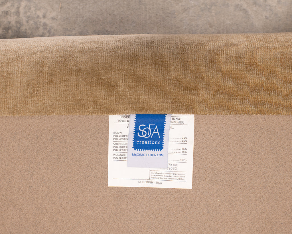 Three Seat Rolled-Arm Sofa and Ottoman in Camel Velvet US Made