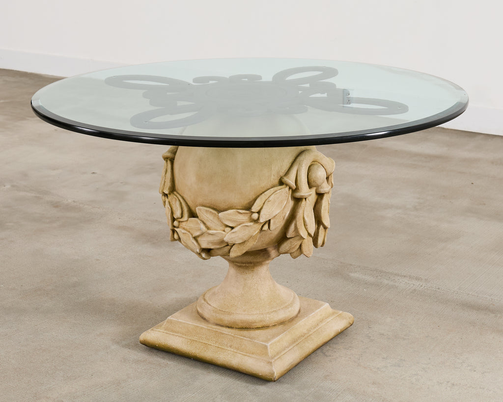 Neoclassical Cast Stone Garden Ball Finial Glass Dining Table