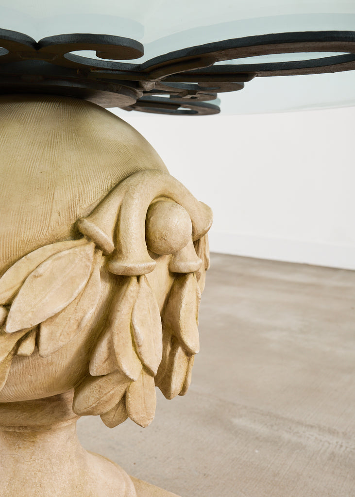 Neoclassical Cast Stone Garden Ball Finial Glass Dining Table