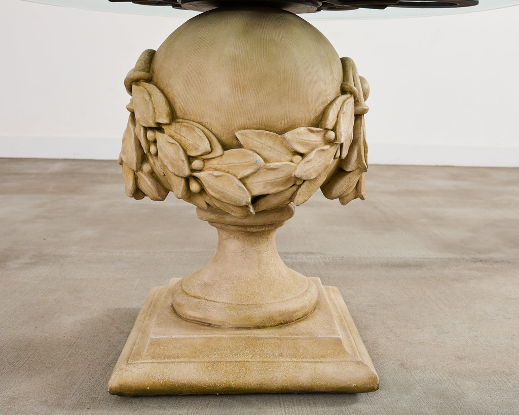 Neoclassical Cast Stone Garden Ball Finial Glass Dining Table