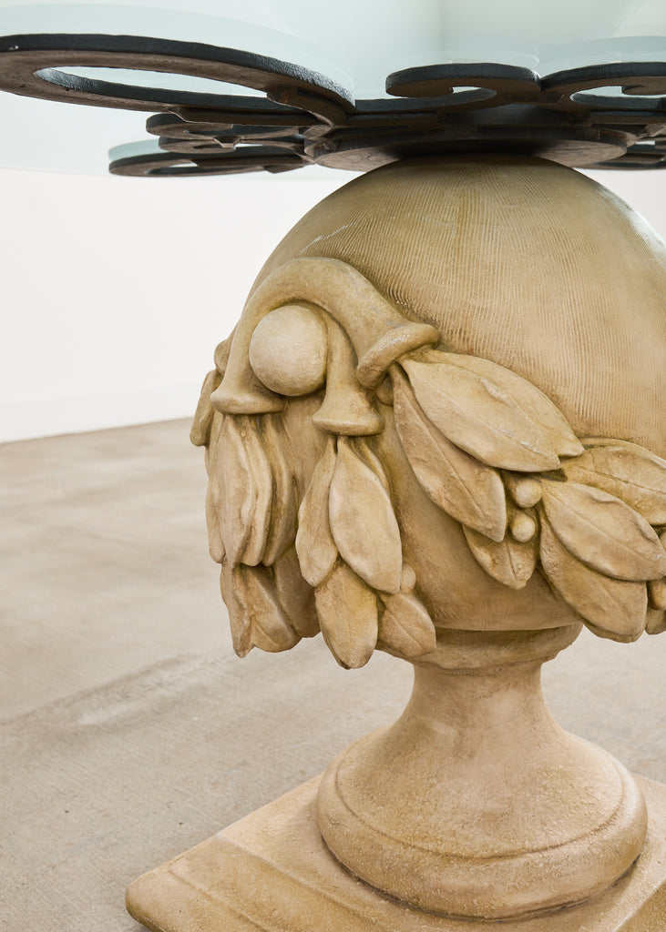 Neoclassical Cast Stone Garden Ball Finial Glass Dining Table