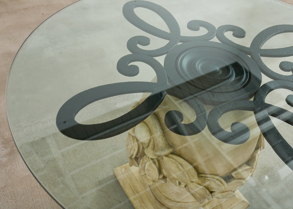 Neoclassical Cast Stone Garden Ball Finial Glass Dining Table