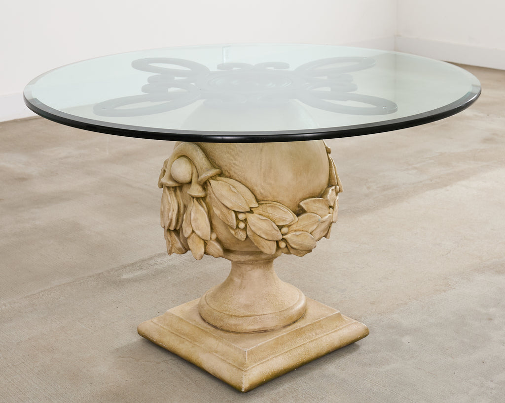 Neoclassical Cast Stone Garden Ball Finial Glass Dining Table