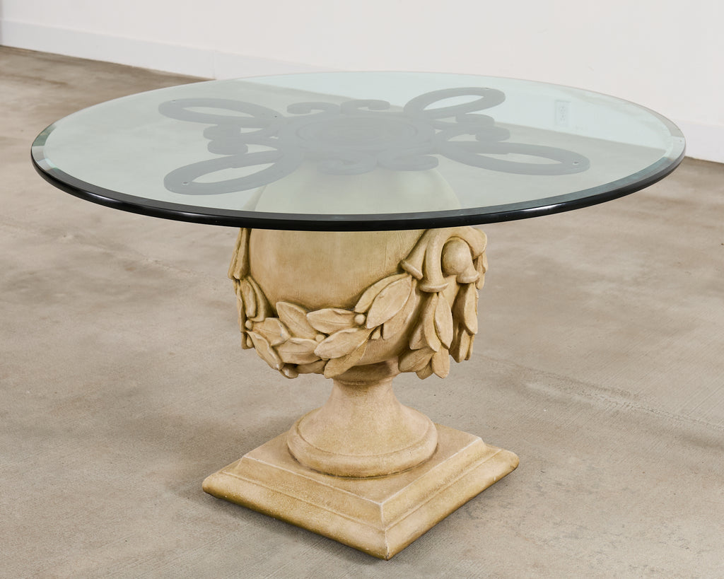 Neoclassical Cast Stone Garden Ball Finial Glass Dining Table