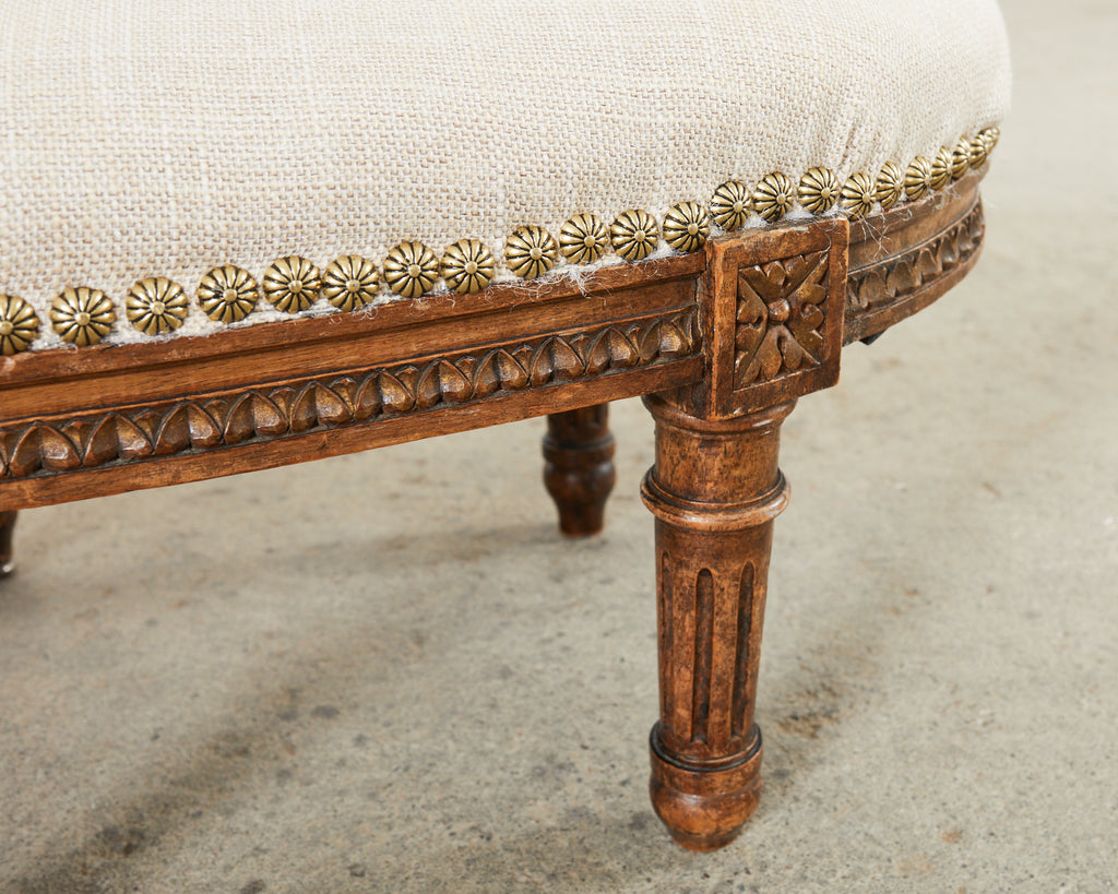 19th Century French Louis XVI Walnut Six Leg Oval Footstool