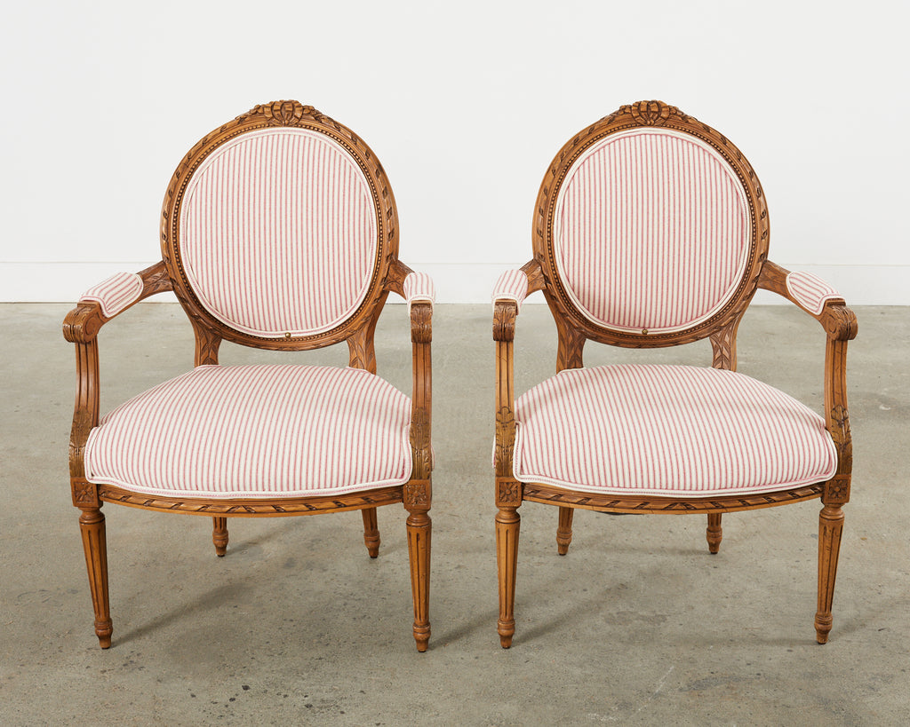 Pair of French Louis XVI Style Cameo Back Fauteuil Armchairs
