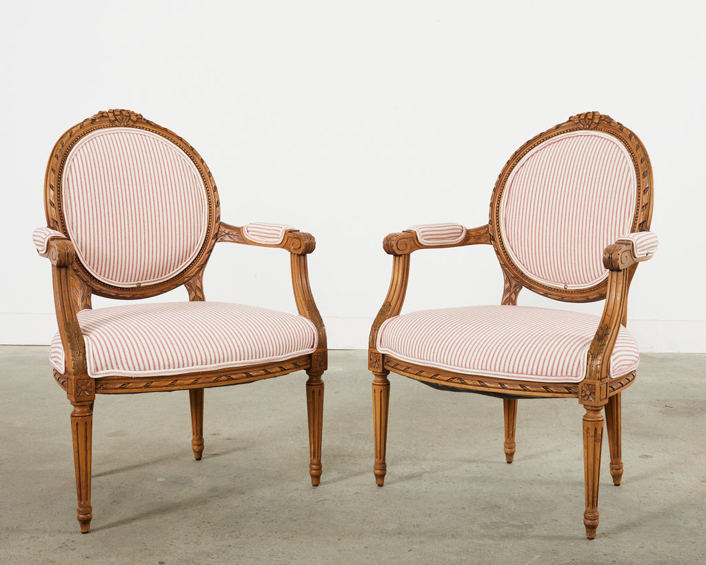 Pair of French Louis XVI Style Cameo Back Fauteuil Armchairs
