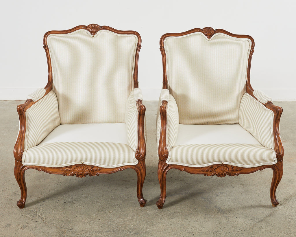 Pair of Country French Provincial Walnut Carved Armchairs