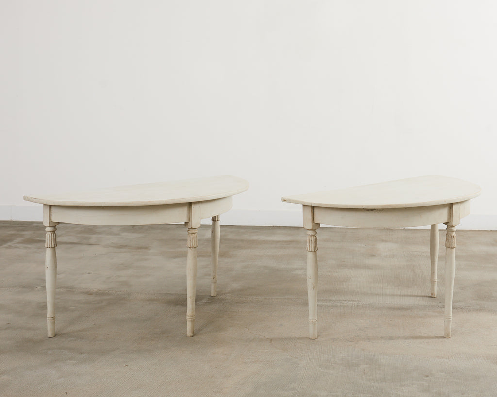 Pair of Swedish Gustavian Style Painted Pine Demilune Consoles