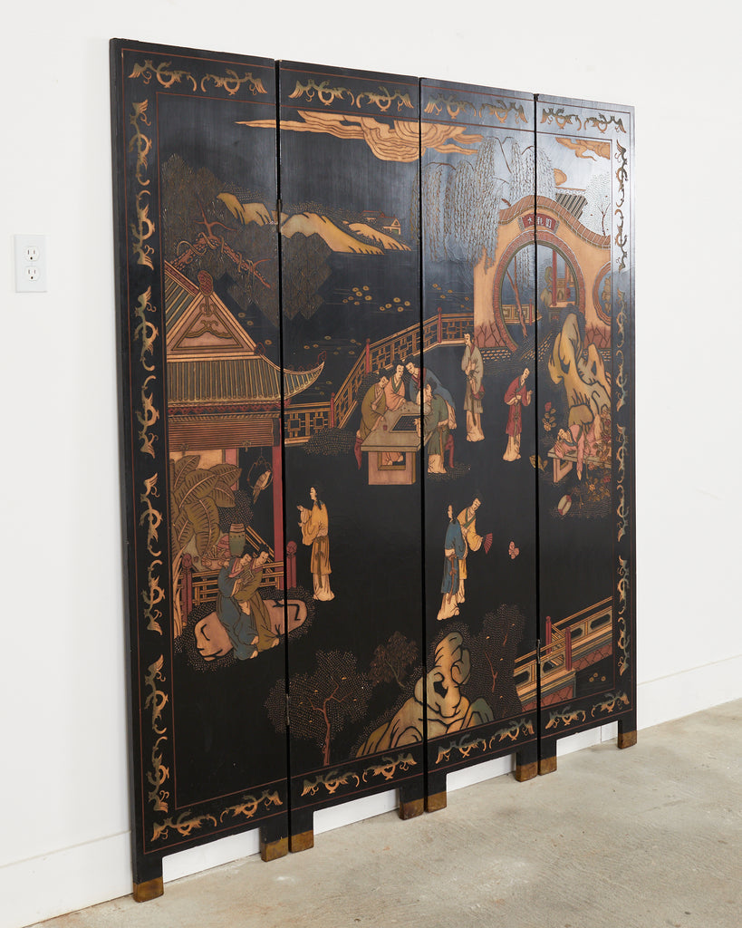 Chinese Export Four Panel Coromandel Dream of the Red Chamber