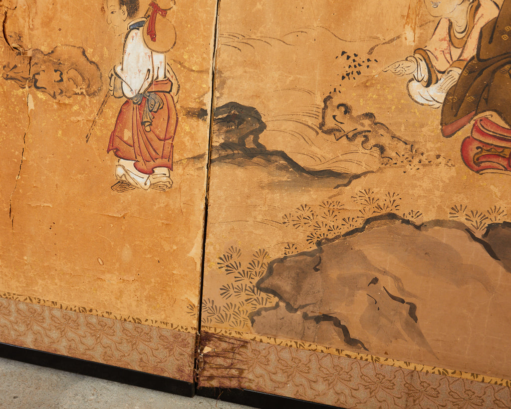 17th Century Japanese Edo Four Panel Screen Hotei with Chinese Sages