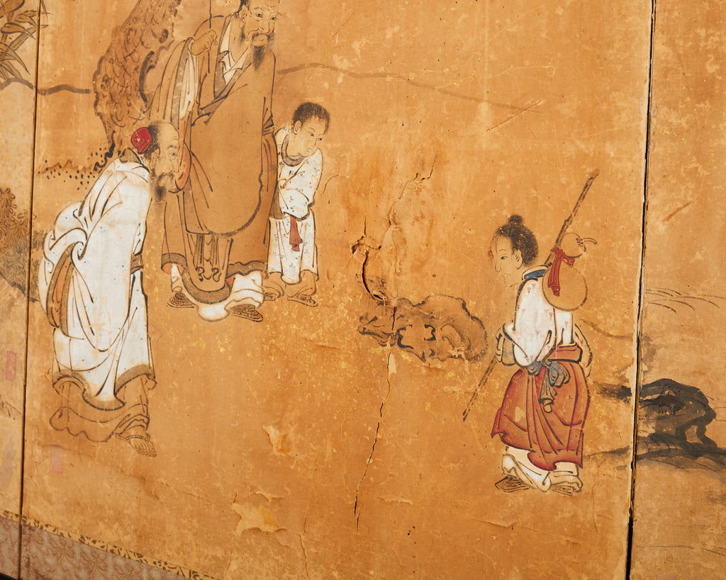 17th Century Japanese Edo Four Panel Screen Hotei with Chinese Sages