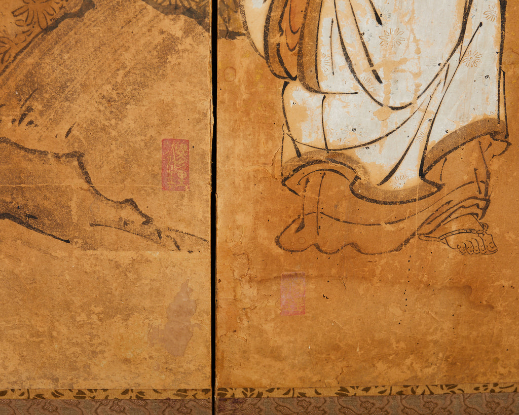 17th Century Japanese Edo Four Panel Screen Hotei with Chinese Sages