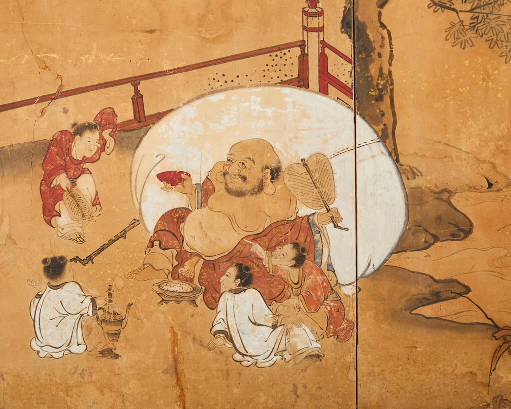 17th Century Japanese Edo Four Panel Screen Hotei with Chinese Sages