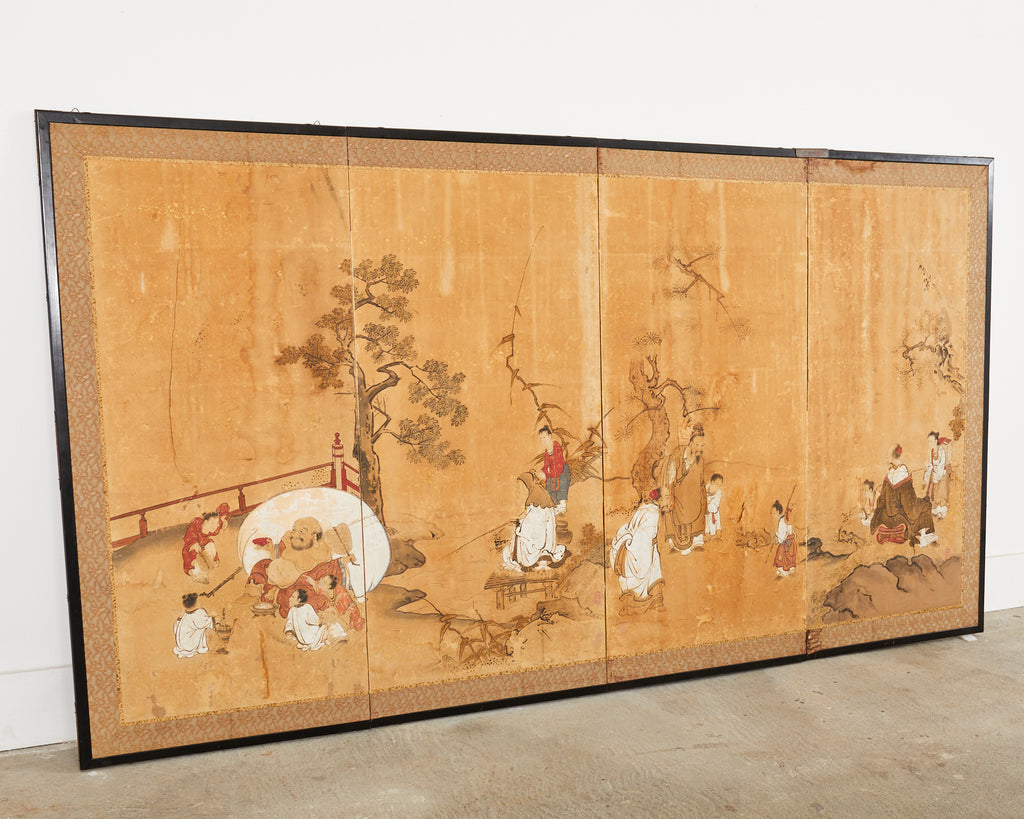 17th Century Japanese Edo Four Panel Screen Hotei with Chinese Sages