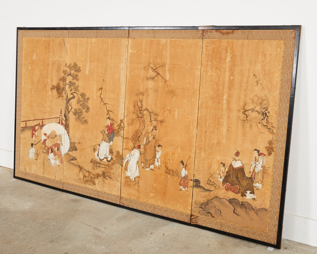17th Century Japanese Edo Four Panel Screen Hotei with Chinese Sages