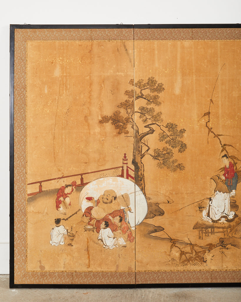 17th Century Japanese Edo Four Panel Screen Hotei with Chinese Sages