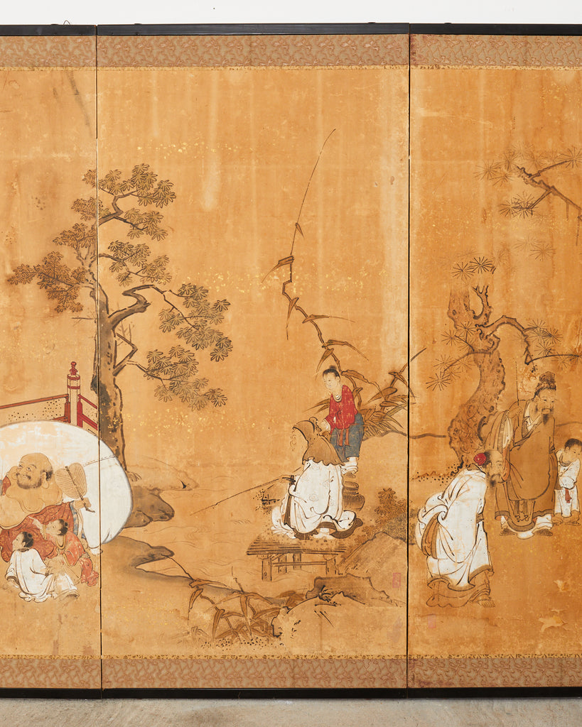 17th Century Japanese Edo Four Panel Screen Hotei with Chinese Sages