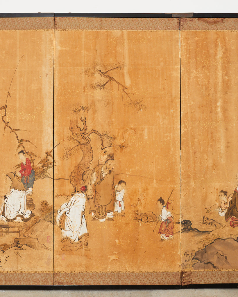 17th Century Japanese Edo Four Panel Screen Hotei with Chinese Sages