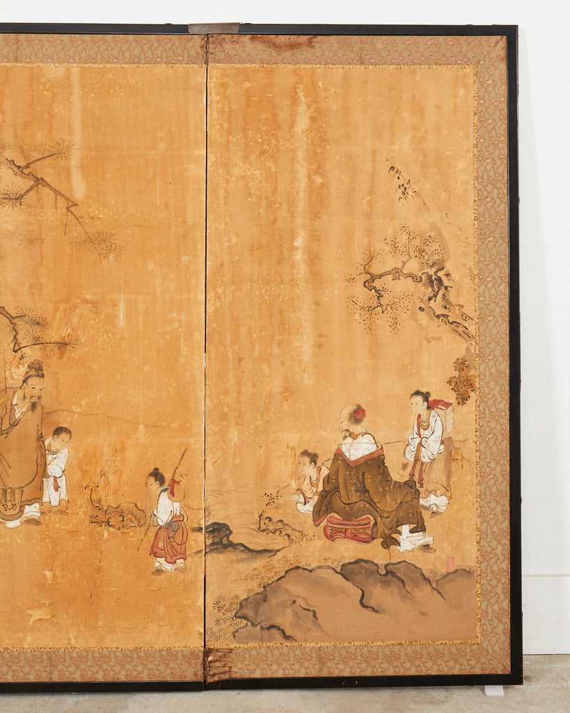 17th Century Japanese Edo Four Panel Screen Hotei with Chinese Sages