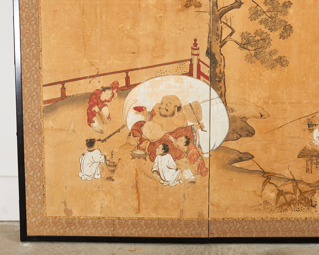 17th Century Japanese Edo Four Panel Screen Hotei with Chinese Sages