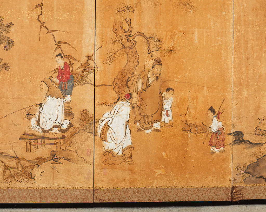 17th Century Japanese Edo Four Panel Screen Hotei with Chinese Sages