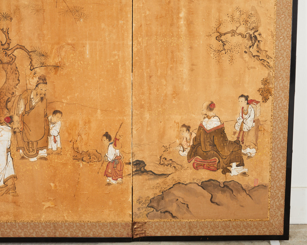 17th Century Japanese Edo Four Panel Screen Hotei with Chinese Sages