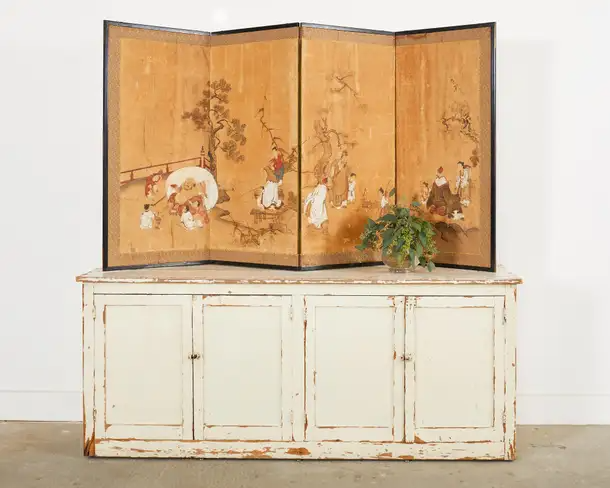 17th Century Japanese Edo Four Panel Screen Hotei with Chinese Sages